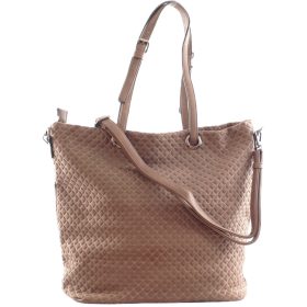   Női shopper válltáska nyomott négyzet mintával, velúr, barna