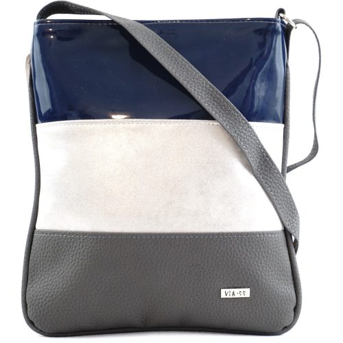 VIA55 női keresztpántos táska 3 sávval, rostbőr, kék-ezüst