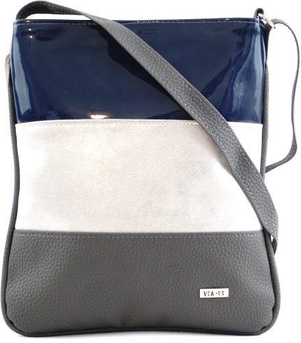VIA55 női keresztpántos táska 3 sávval, rostbőr, kék-ezüst