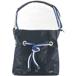   VIA55 női válltáska kötéllel és karikával, rostbőr, kék-fehér