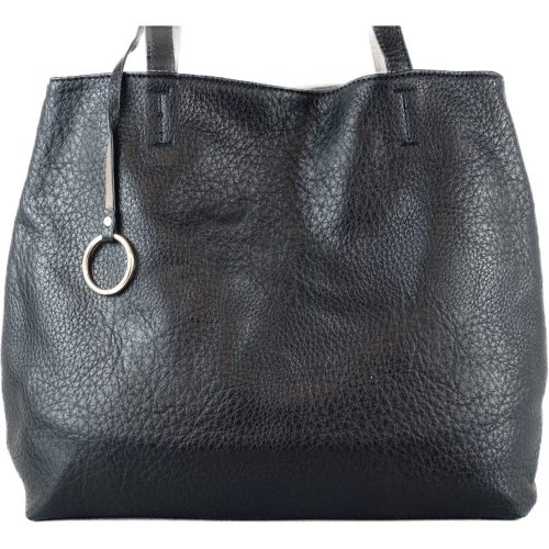 Egyszerű női válltáska karikával, műbőr, fekete