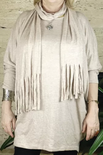 Női nagyméretű denevérujjas tunika sállal, bézs