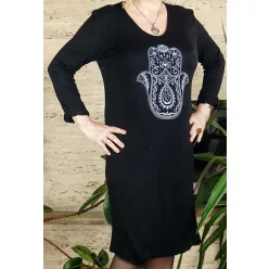 Női hosszúujjú ruha elején mintával, fekete
