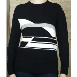Női pulóver, elején fehér csíkokkal, fekete