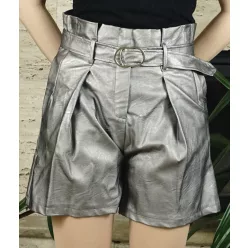 Női elegáns nadrág övvel, műbőr, ezüst