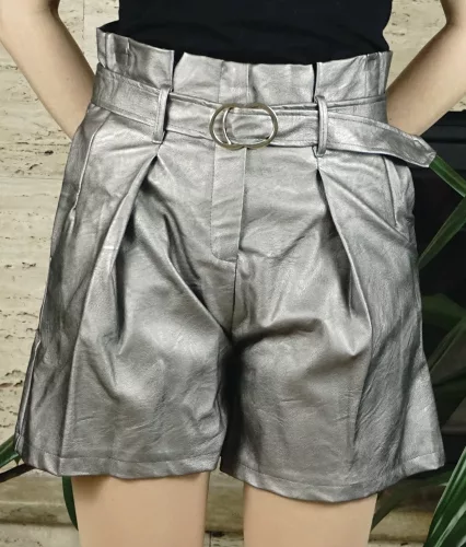 Női elegáns nadrág övvel, műbőr, ezüst
