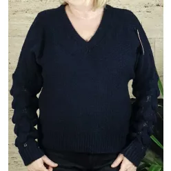   Női kötött pulóver, karja halpikkely mintás, sötétkék