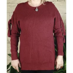 Női kötött pulóver, vállnál megköthető, bordó