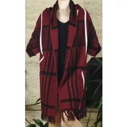 Női poncsó, rojtos, bordó