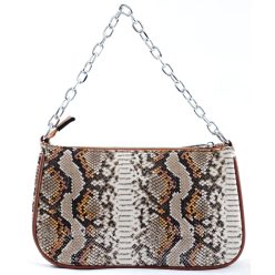 Kígyóbőrmintás láncos női kézitáska, műbőr, barna