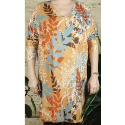 Női ruha vidám mintával, mustár