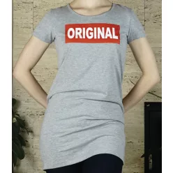 Női pólóruha felirattal, szürke