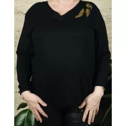 Női hosszúujjú felső toll mintával, fekete