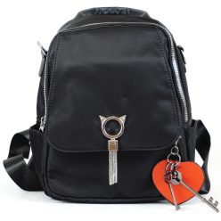   Női hátitáska cicás mintával és kulccsal, poliészter, fekete
