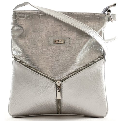 VIA55 női keresztpántos táska díszcipzárral, rostbőr, ezüst