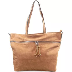   Női shopper válltáska elöl széles zsebbel, műbőr, világosbarna