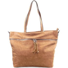   Női shopper válltáska elöl széles zsebbel, műbőr, világosbarna