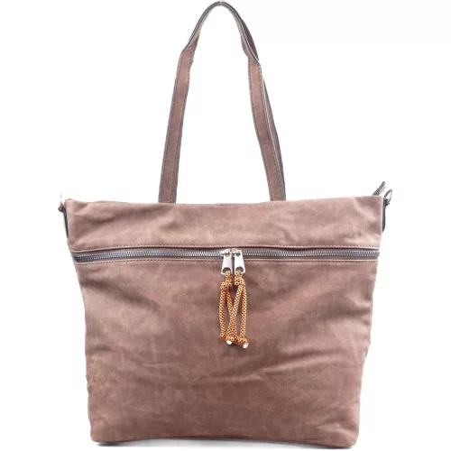 Női shopper válltáska elöl széles zsebbel, műbőr, sötétbarna
