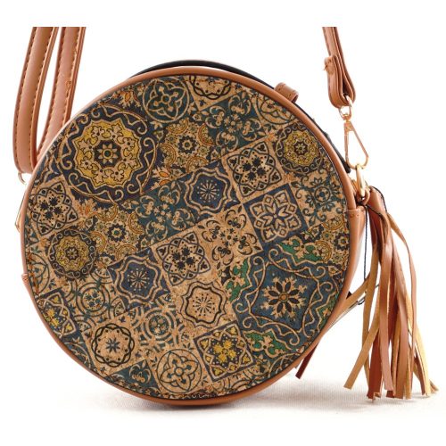 Női keresztpántos táska patchwork mintával, barna, parafa