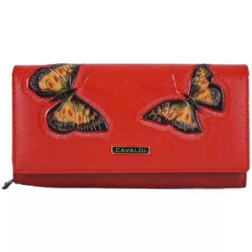 Cavaldi női pénztárca pillangós mintával, bőr, piros