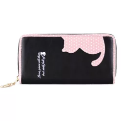 Női pénztárca cicás mintával, műbőr, fekete