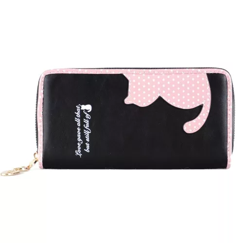 Női pénztárca cicás mintával, műbőr, fekete