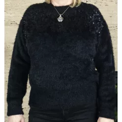 Női pulóver, flitteres, plüss, fekete