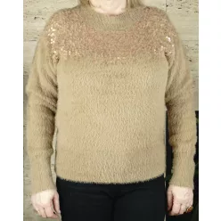 Női pulóver, flitteres, plüss, bézs