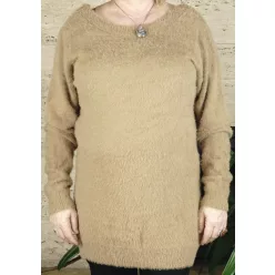Női hosszított pulóver, flitteres, plüss, bézs