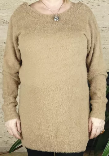 Női hosszított pulóver, flitteres, plüss, bézs
