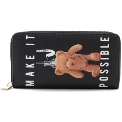   Női macis pénztárca felirattal, poliészter, fekete, "make it possible"