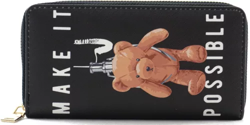 Női macis pénztárca felirattal, poliészter, fekete, "make it possible"