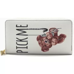   Női macis pénztárca felirattal, poliészter, fehér, "pick me"