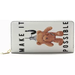   Női macis pénztárca felirattal, poliészter, fehér, "make it possible"