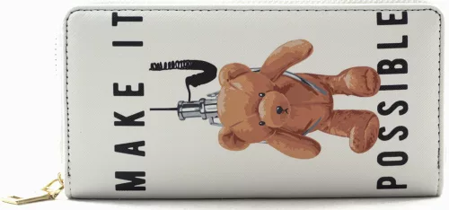 Női macis pénztárca felirattal, poliészter, fehér, "make it possible"
