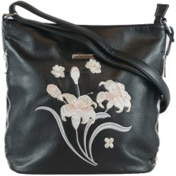   Silvia Rosa női válltáska hímzett virágmintával, műbőr, fekete