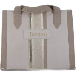   Terazo elegáns női kézitáska merev fazonban arany sávval, rostbőr, bézs