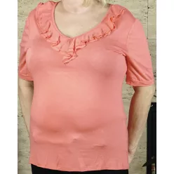 Női póló fodros nyakrésszel, lazac